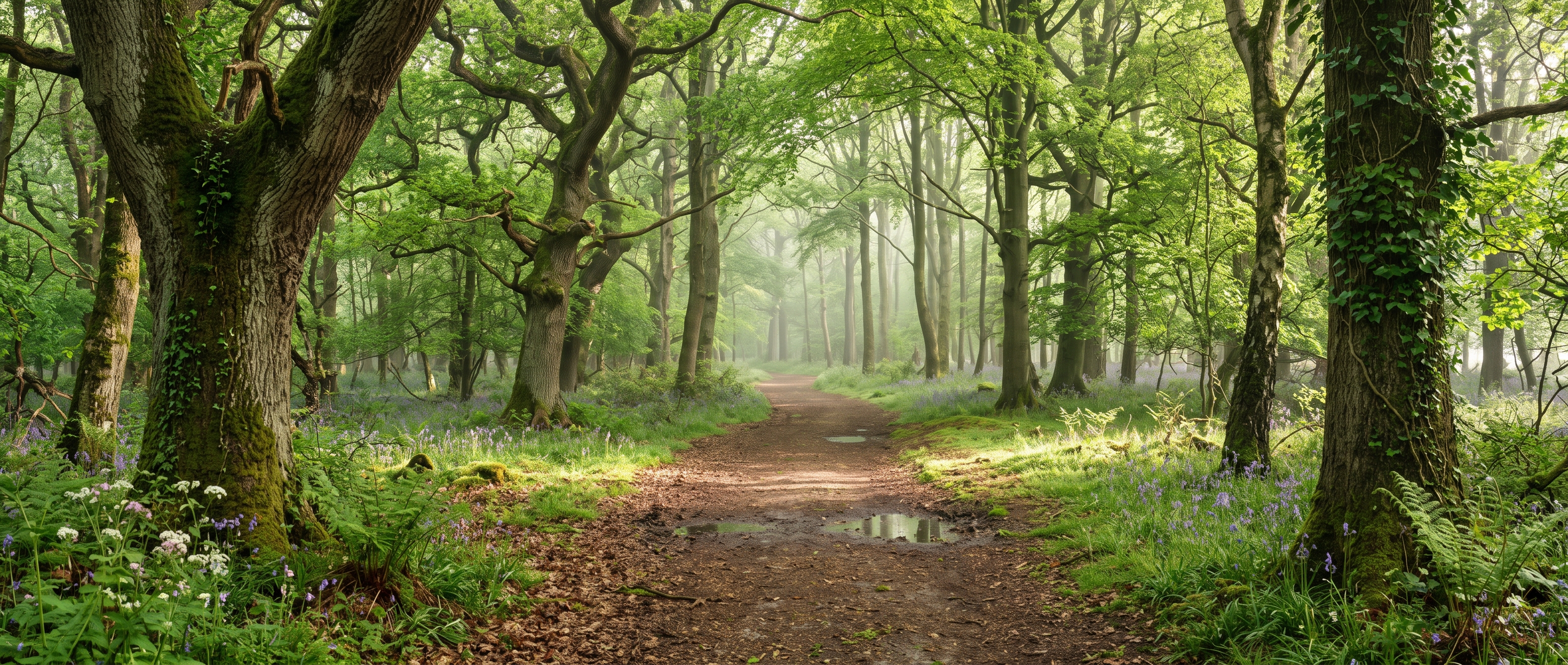 A forest with a path leading through it