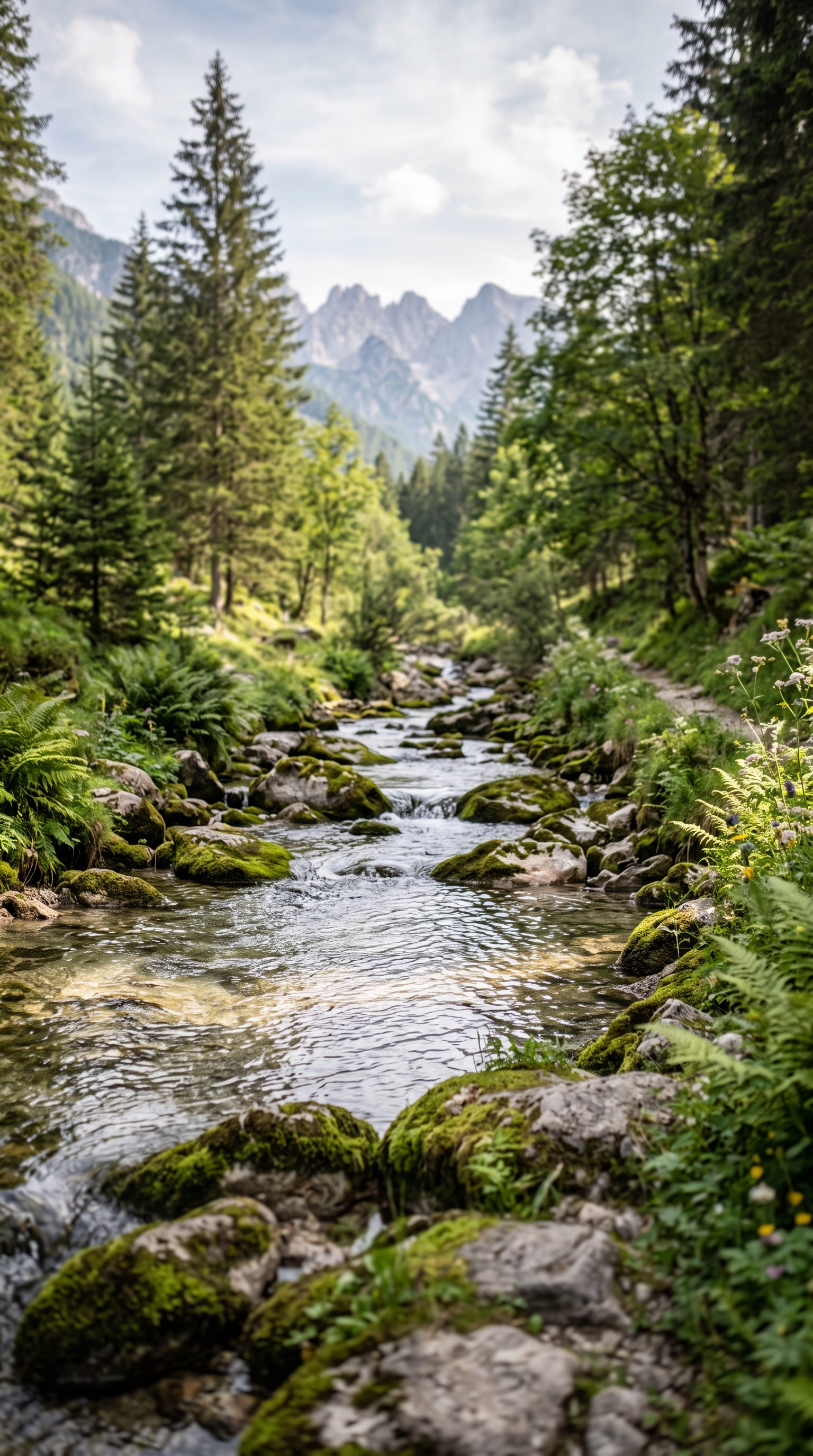 A mountain stream flowing through a forest toward distant peaks