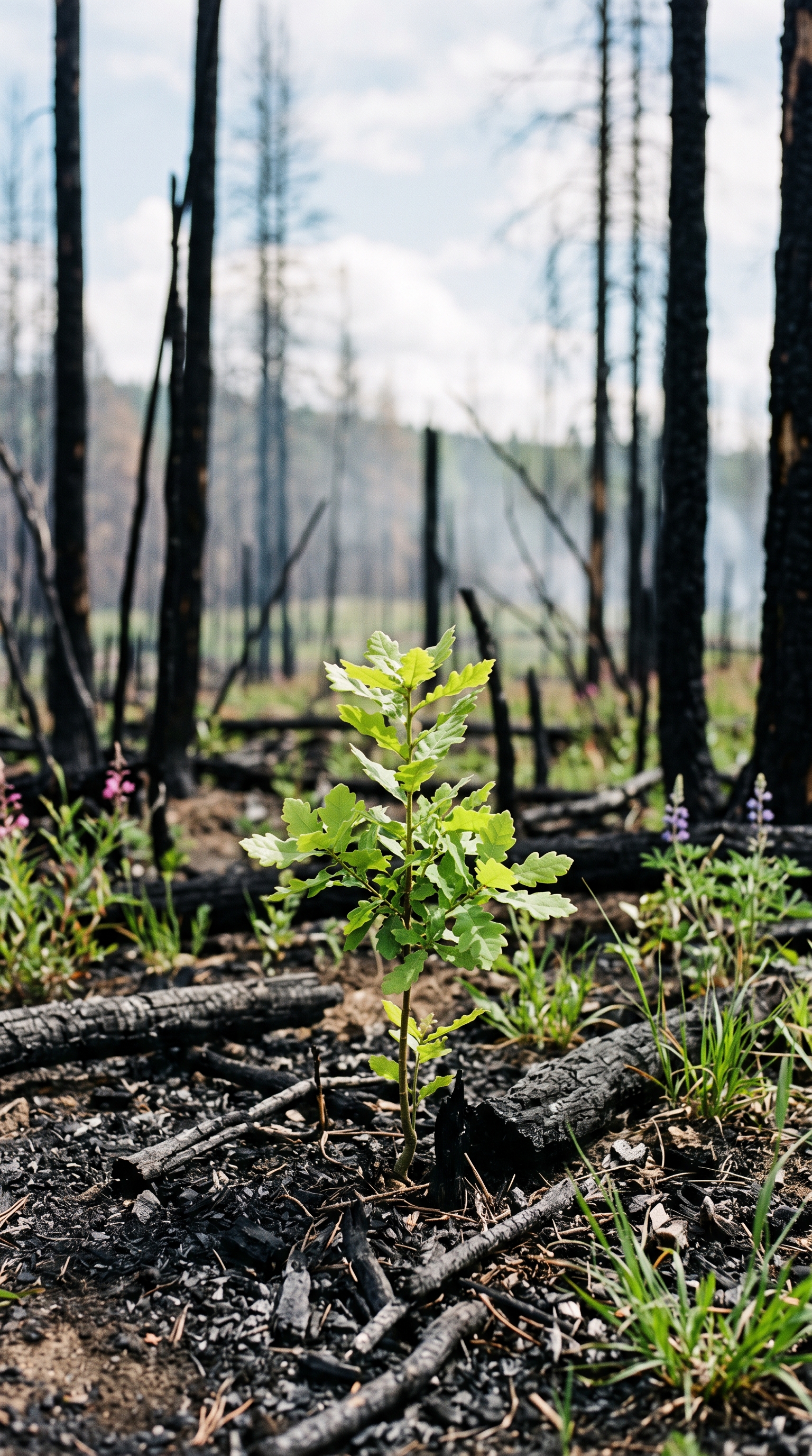 A young oak sapling growing after a fire