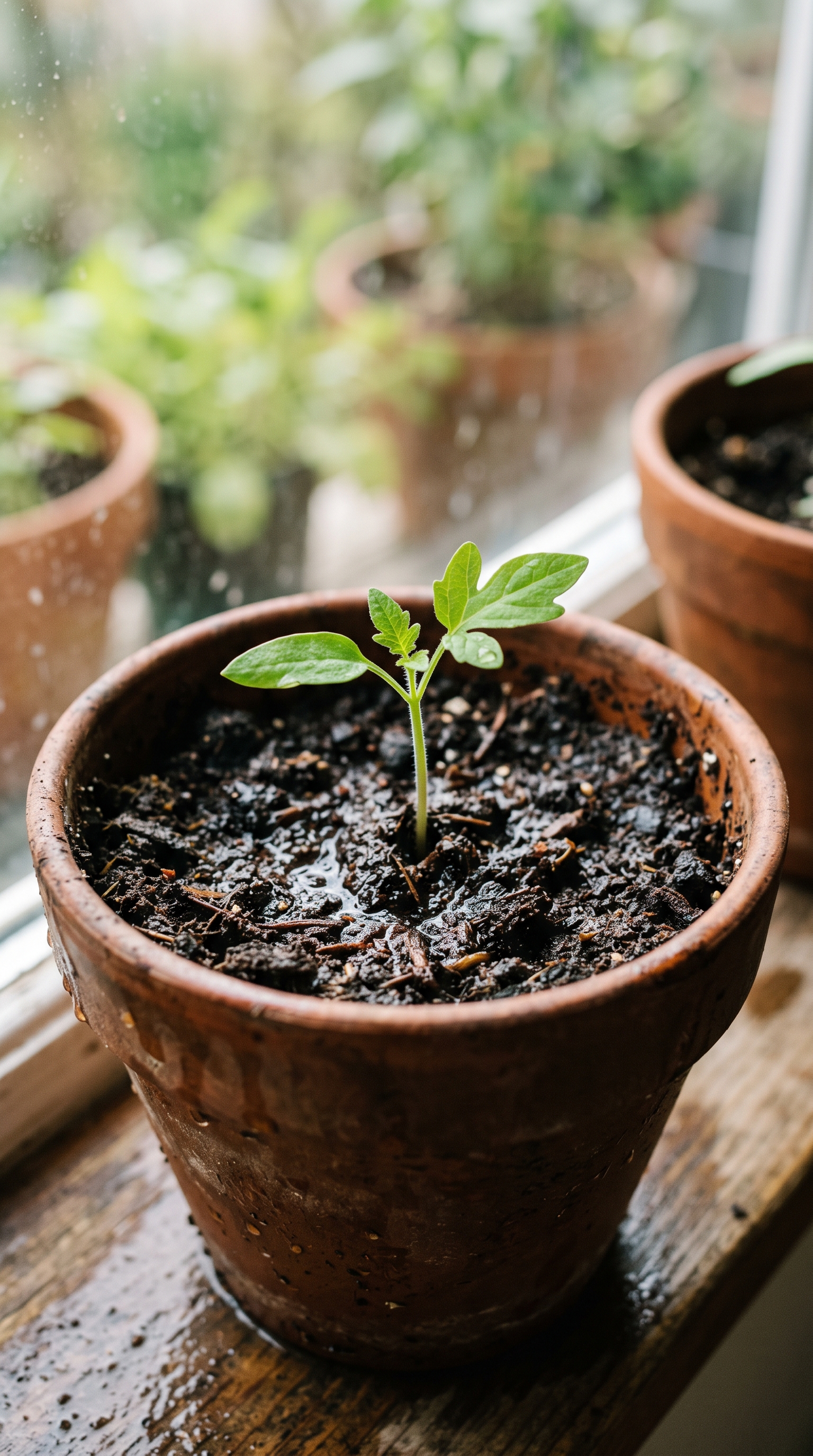 A seedling growing in a terracotta pot