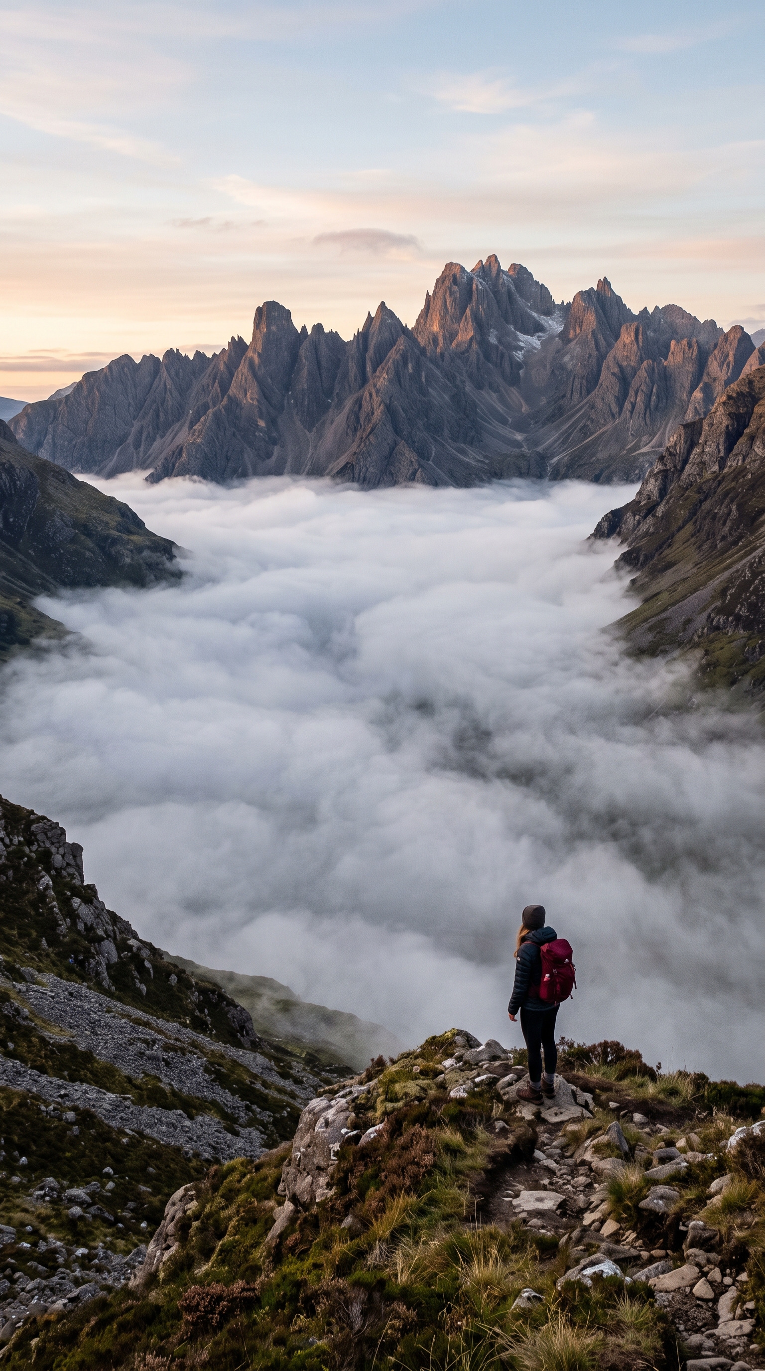 A person standing above a fog-filled mountain valley